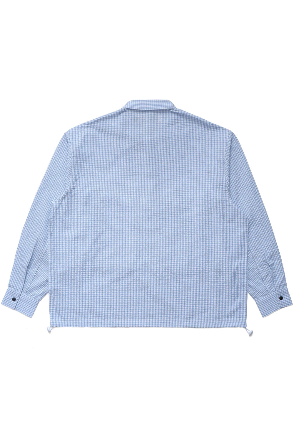 Metalwood Studio white blue checked overshirt rear profile crafted from premium cotton with clean minimalist design and utility-inspired outerwear construction