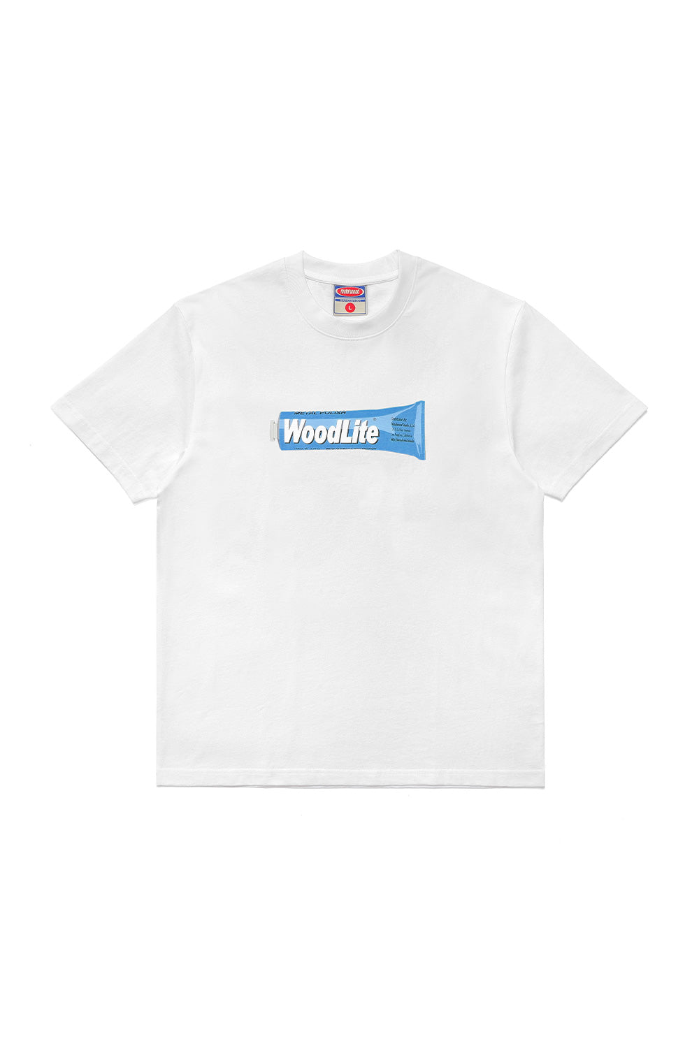 Metalwood Studio Woodlite T-Shirt White — wide fitted heavy cotton tee with bold front WoodLite graphic inspired by 90s golf culture and modern skate aesthetics.