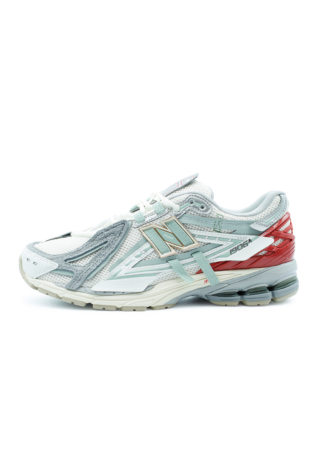 New Balance 1906A Sea Salt Lone Star Grey performance sneaker side profile with breathable mesh upper, synthetic overlays, ABZORB SBS heel pods and N-ergy cushioning technology