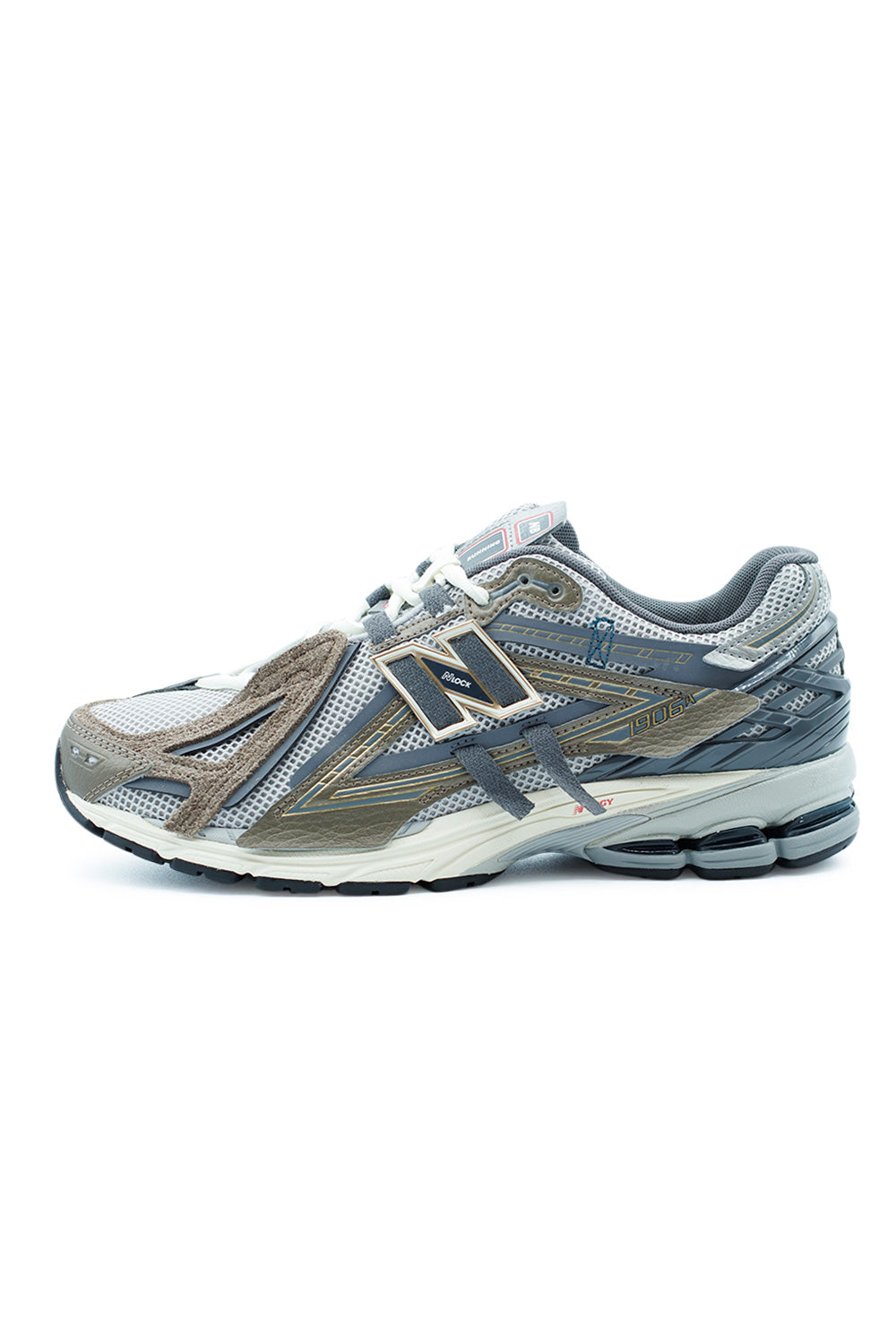 New Balance 1906A Thunder Brown Slate Grey retro running sneaker side profile featuring breathable mesh upper, suede and synthetic overlays, ABZORB SBS heel cushioning and N-ergy performance outsole technology