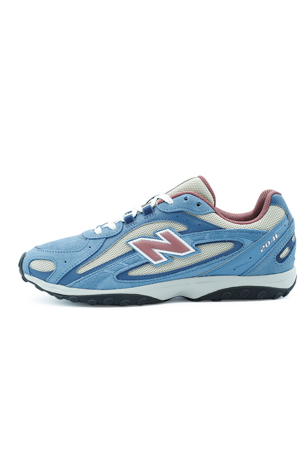 New Balance 204L Shoreline Blue Washed Burgundy unisex sneaker with suede and mesh upper, retro-inspired design, and lightweight EVA sole.