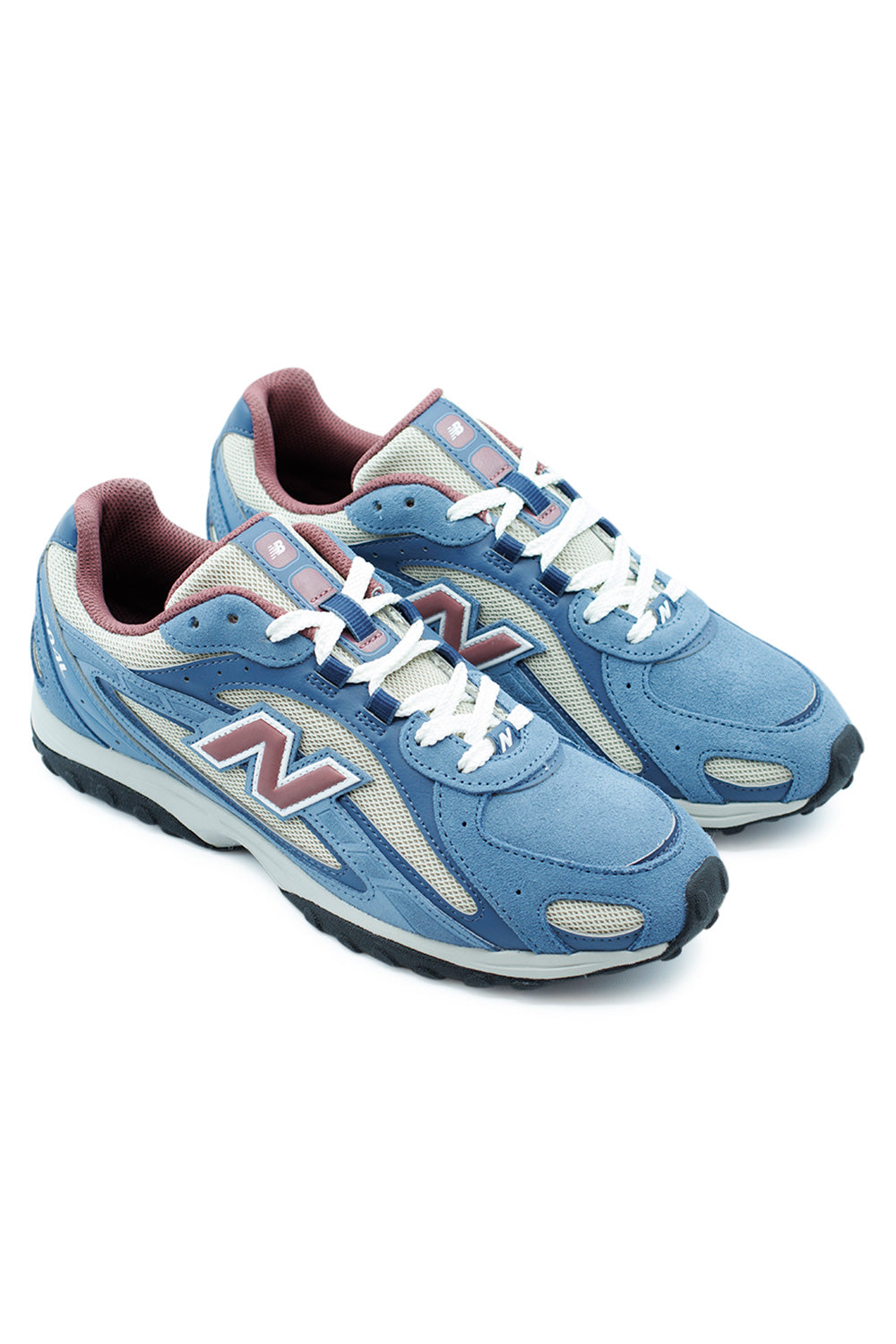 Side view of New Balance 204L Shoe Shoreline Blue Washed Burgundy, heritage running silhouette with embossed overlays and suede N logo.