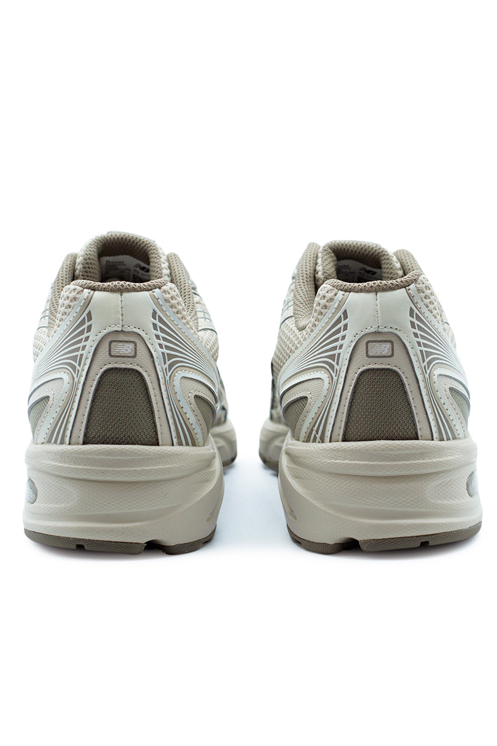 Rear view of New Balance 740 Dockside Timberwolf Sea Salt shoe showing segmented midsole construction, supportive heel structure, reflective accents and ABZORB technology for everyday comfort.