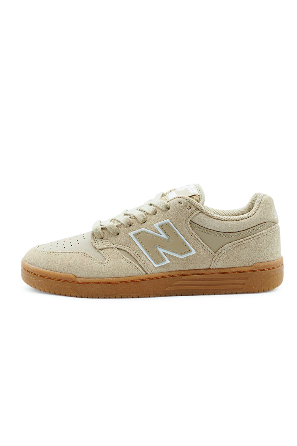 New Balance Numeric 480 Incense White skate shoe side view featuring retro basketball inspired silhouette, durable suede upper and gum rubber cupsole for skateboarding