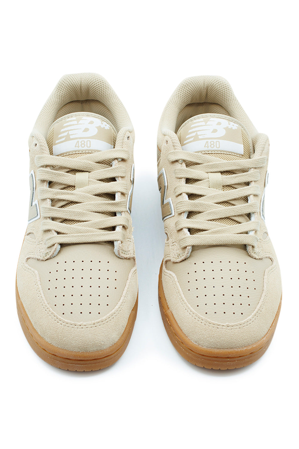 top view New Balance Numeric 480 skate sneakers with padded tongue, perforated toe box and premium suede construction designed for board feel and all-day comfort