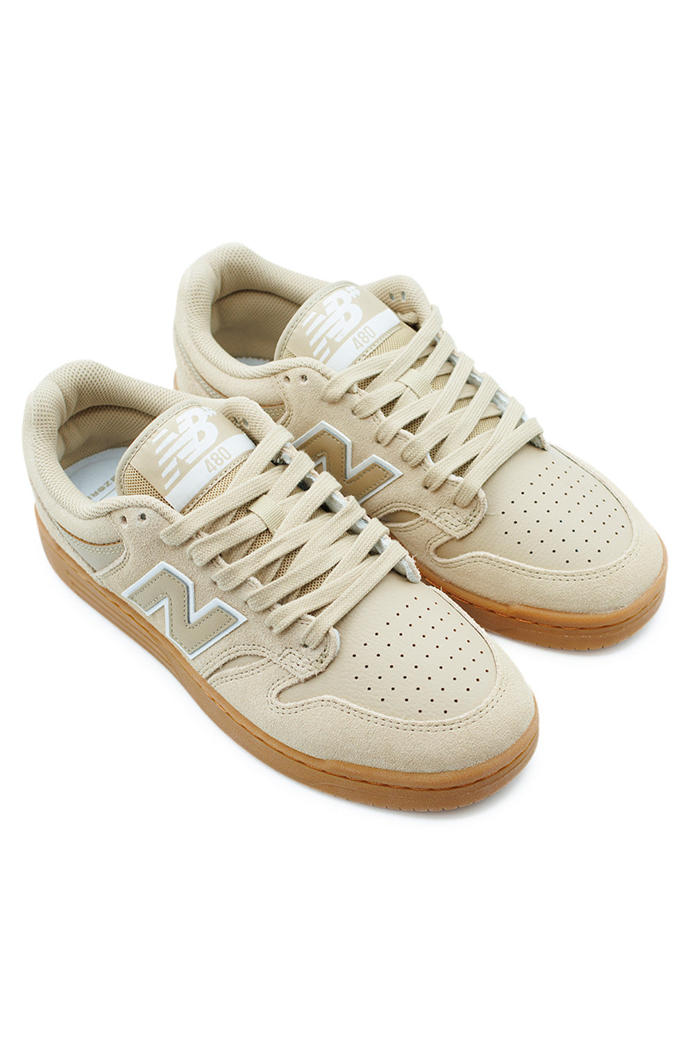 pair of New Balance Numeric 480 skate shoes in incense beige and white combining vintage court aesthetics with modern skate performance for streetwear and daily sessions