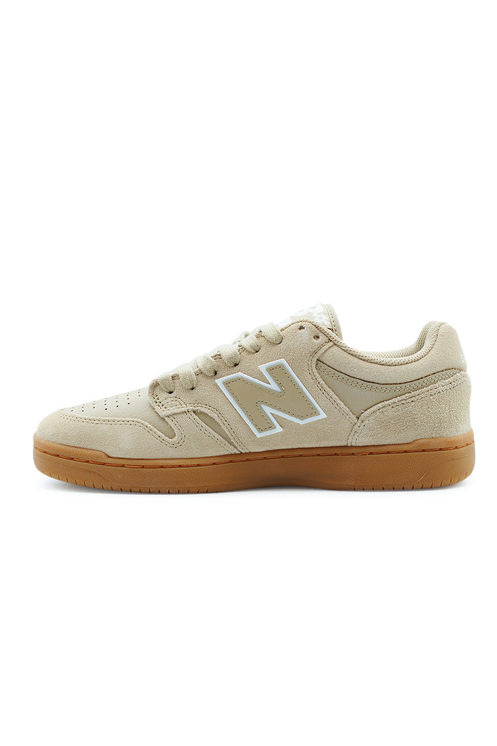 angled perspective New Balance Numeric 480 low top skate sneaker highlighting suede overlays, classic NB logo and FuelCell cushioning for impact protection