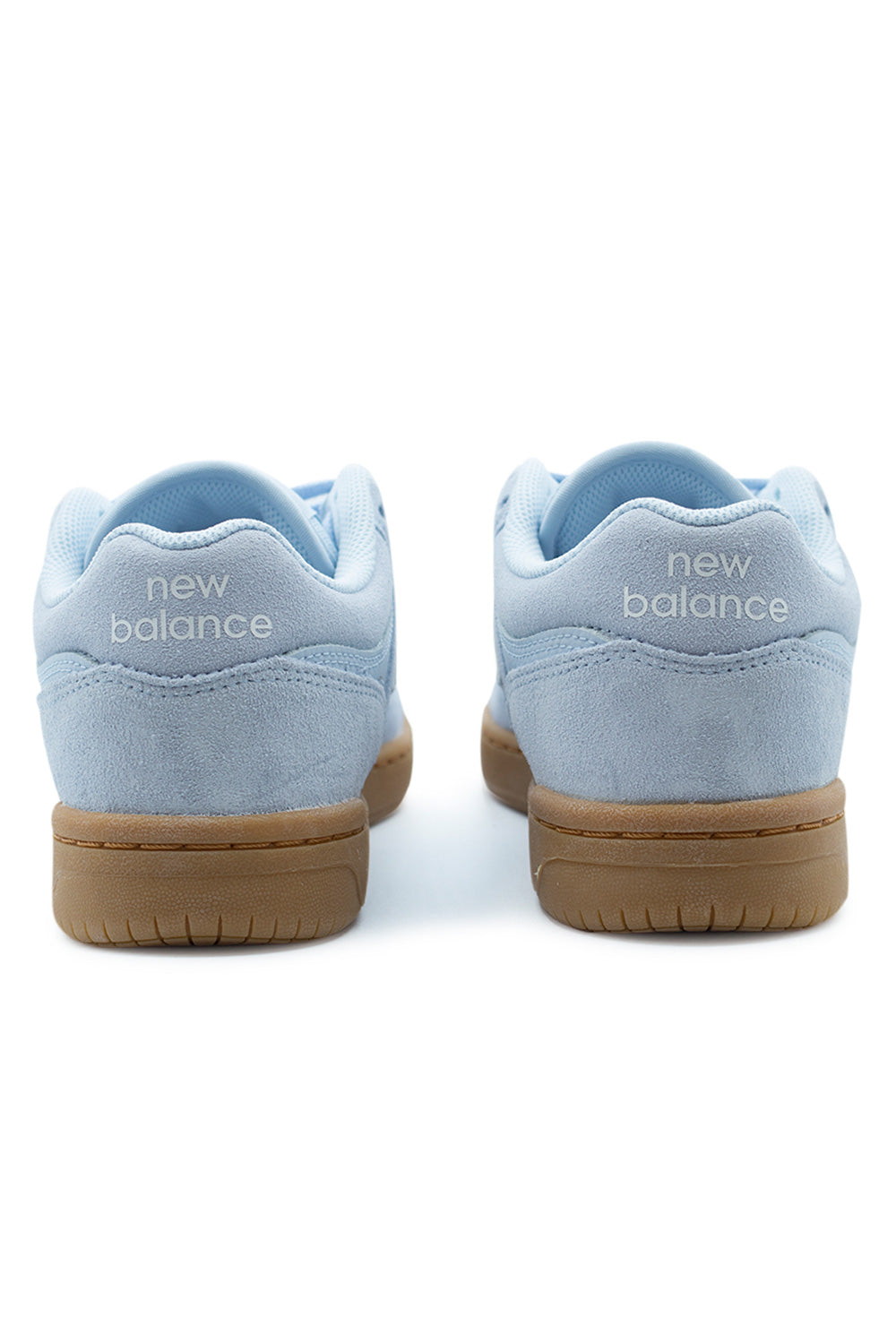 rear view New Balance Numeric 480 Oxford Blue showcasing padded collar, embroidered heel branding and supportive structure built for stability and impact protection