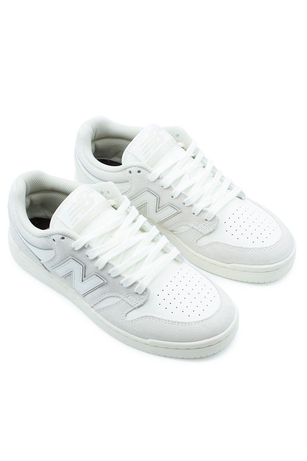 Pair of New Balance Numeric 480 Sea Salt sneakers for men, modern skate performance shoe with retro court aesthetics and premium materials