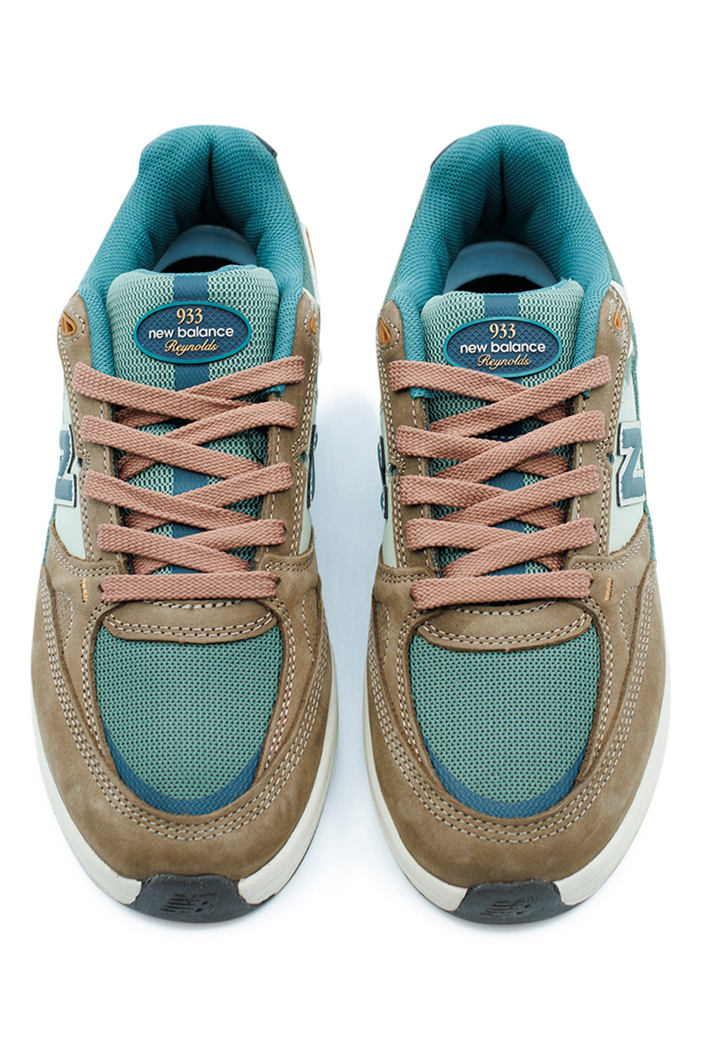 Men’s New Balance Numeric 933 Andrew Reynolds Skate Shoe Teal / Khaki, durable dual-layer toe cap with premium comfort and board feel.