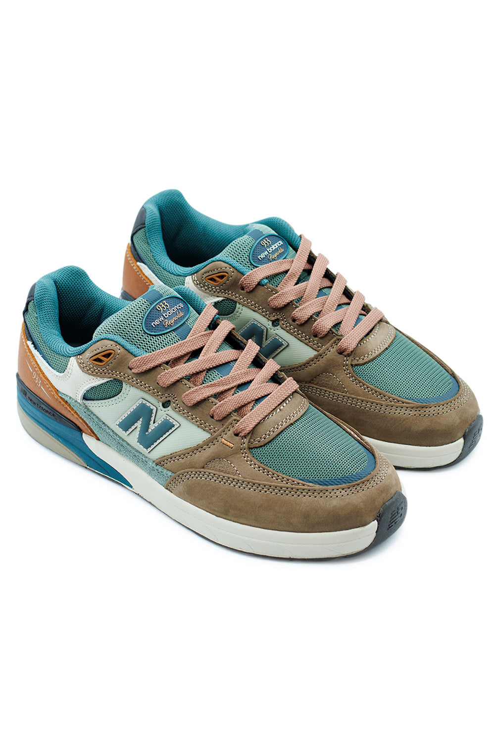 Side view of New Balance Numeric 933 Andrew Reynolds Teal Khaki skateboarding shoes featuring ABZORB midsole and reinforced ollie patch.