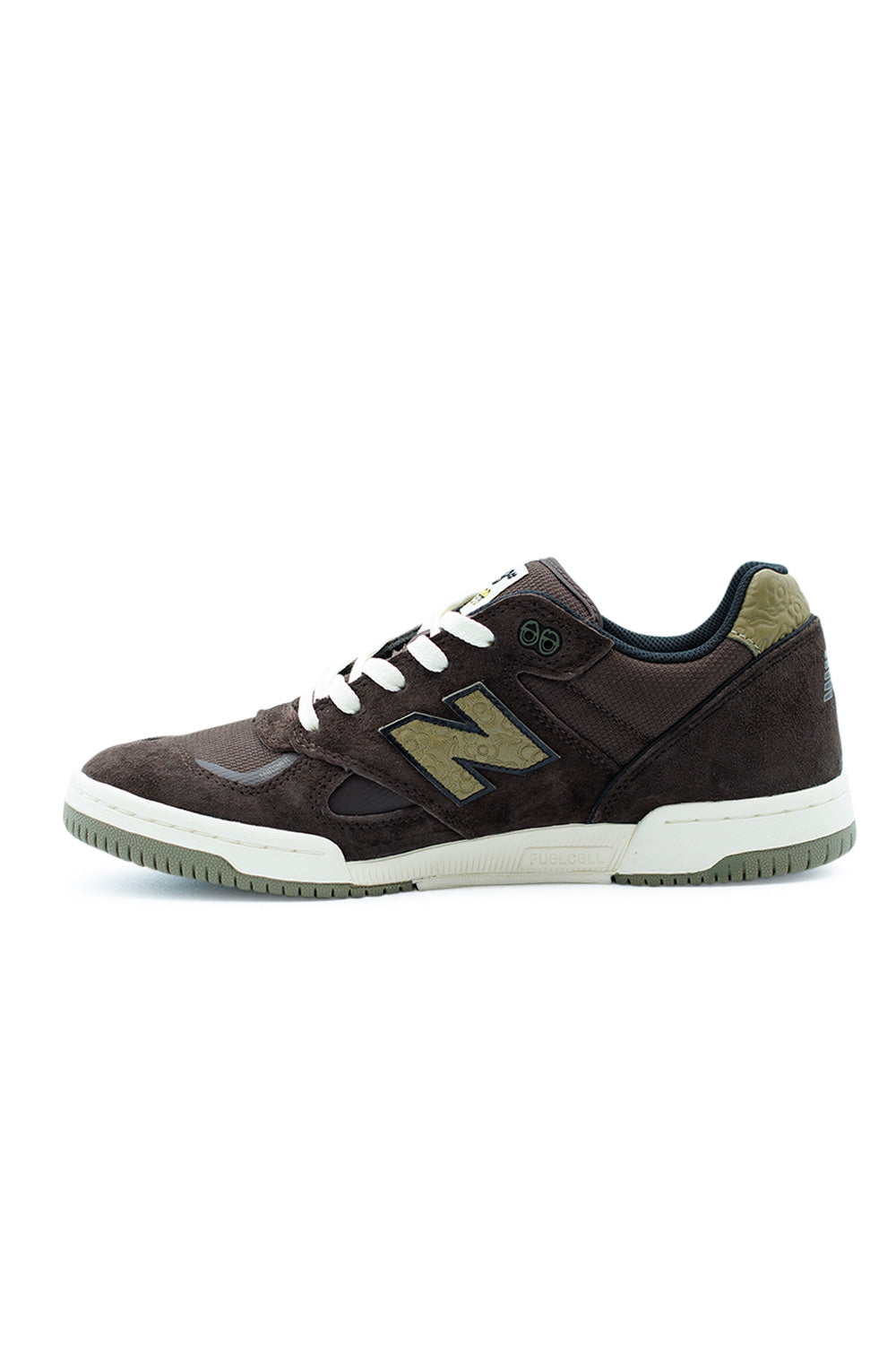 High-quality New Balance Numeric x Krooked Tom Knox 600 brown suede skate shoe, collaboration inspired by Krooked Skateboards and Tom Knox.