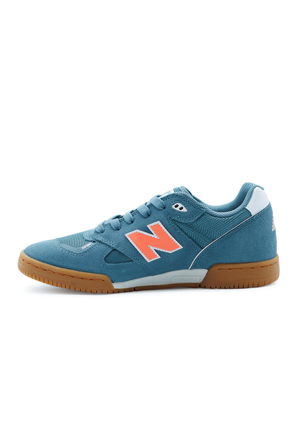 Side view of New Balance Numeric Tom Knox 600 Salt Water Tangerine Heat sneakers, 90s indoor football inspired skate shoe with FantomFit support and responsive FuelCell foam midsole