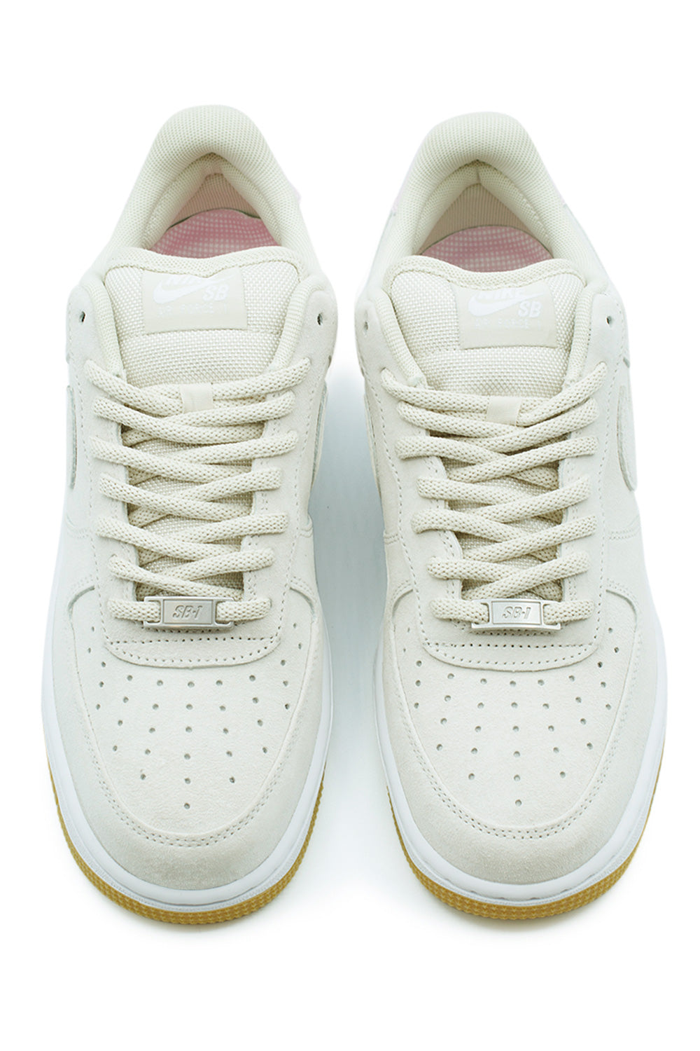 Top view Nike SB Air Force 1 Light Orewood Brown sneakers featuring perforated toe box, SB branding on tongue, soft suede construction and padded collar for enhanced skate comfort