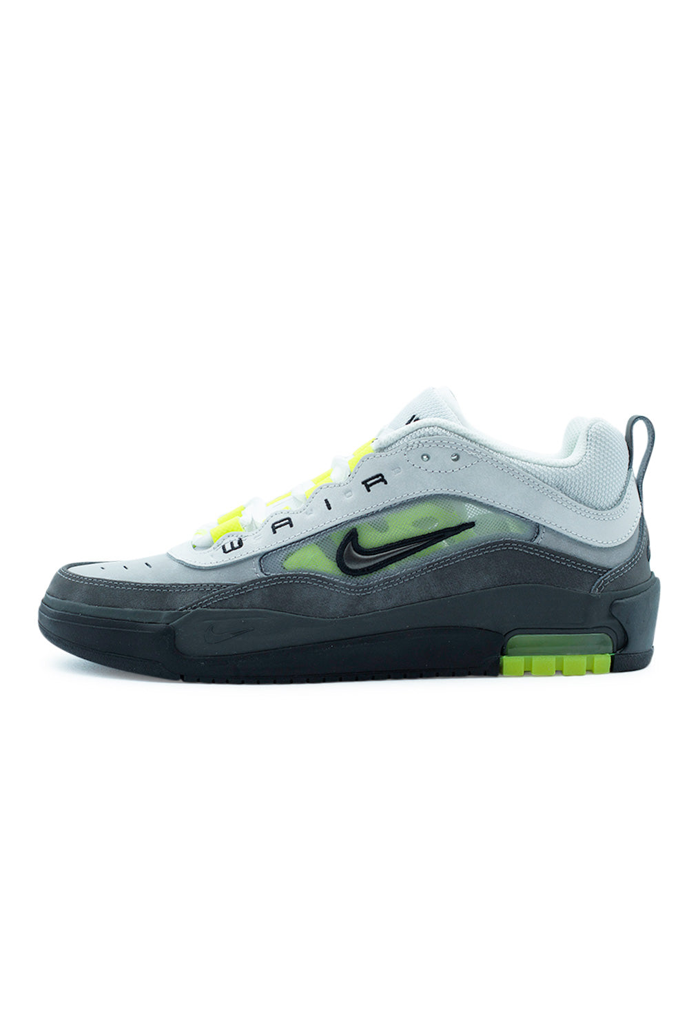 Nike SB Air Max Ishod Black Neon Yellow Anthracite skate shoe side profile featuring layered grey suede and mesh upper, neon yellow accents and visible Air cushioning inspired by the Air Max 95