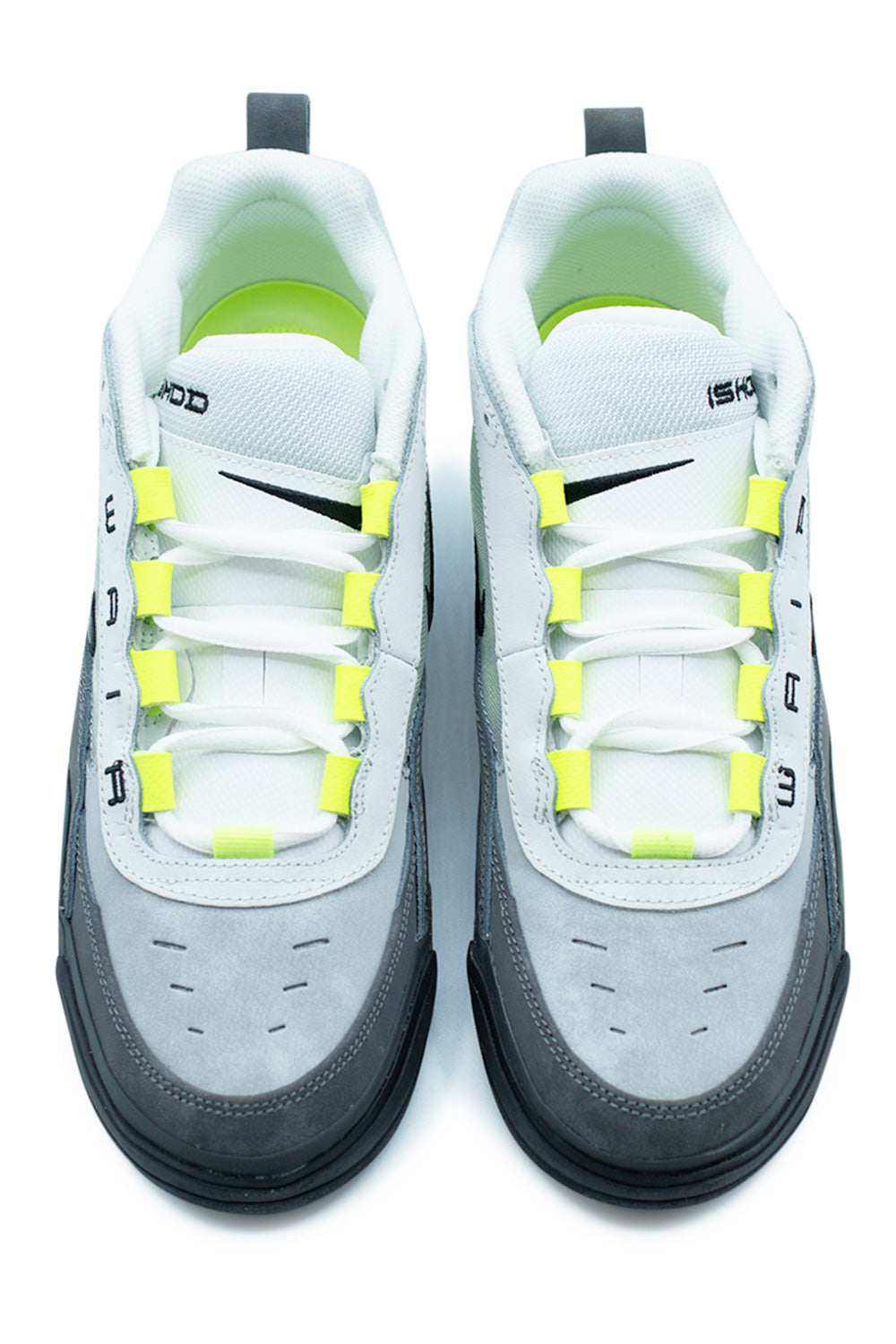 Front view of Nike SB Air Max Ishod Black Neon Yellow Anthracite with breathable mesh tongue, neon yellow lace loops and perforated toe box on Ishod Wair signature Nike SB skateboarding sneaker