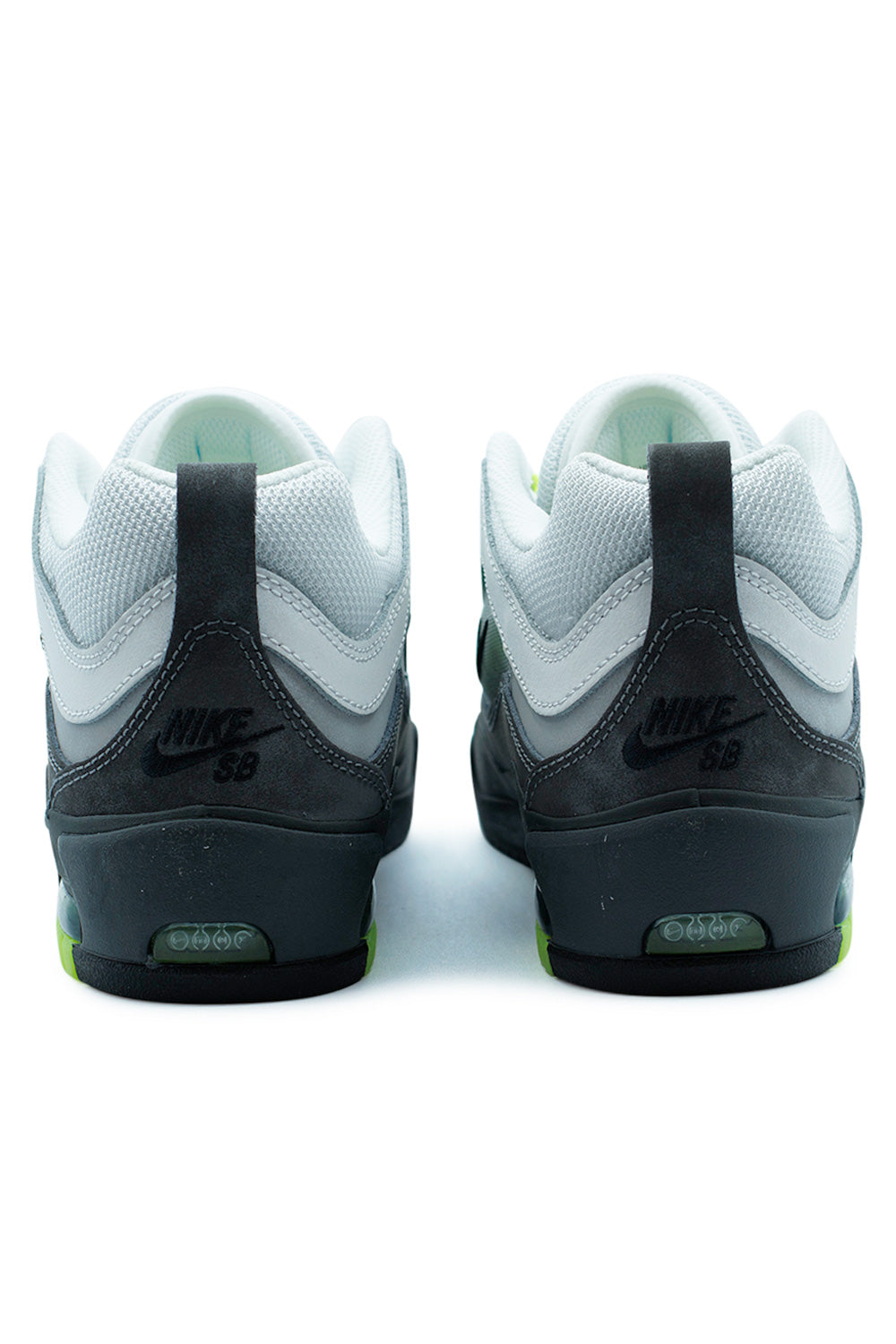 Rear view of Nike SB Air Max Ishod Black Neon Yellow Anthracite showing Nike SB heel branding, padded collar and heel Air unit for impact protection on high-performance skate shoe