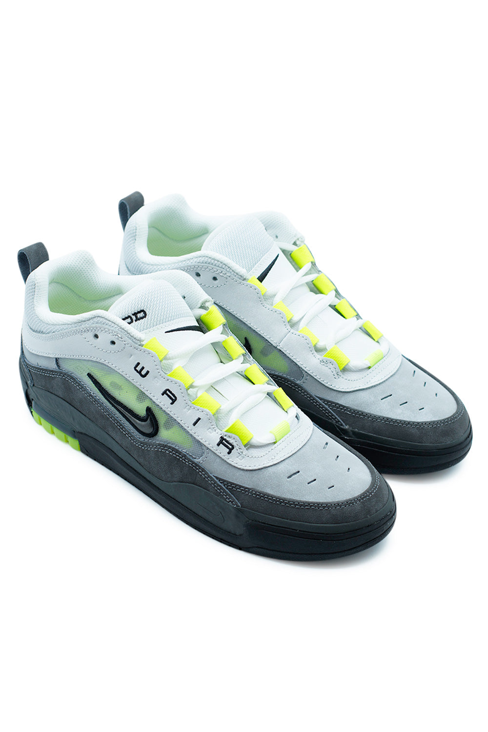 Nike SB Air Max Ishod Black Neon Yellow Anthracite pair displayed at angle highlighting gradient grey panels, Ishod Wair signature detailing and Air Max inspired skateboarding sneaker design