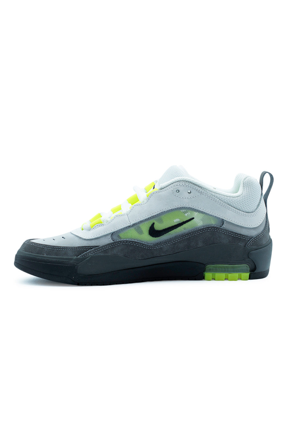 Nike SB Air Max Ishod Black Neon Yellow Anthracite lateral angle featuring suede mudguard, mesh upper and neon green midsole accents on modern Nike SB Air Max skate shoe