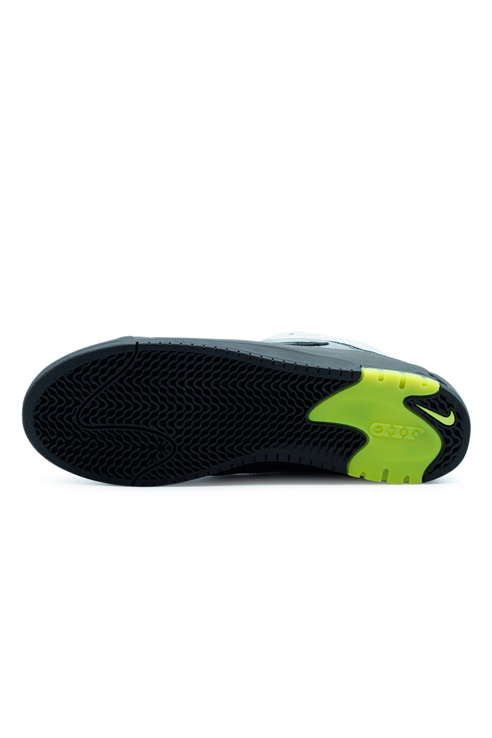 Nike SB Air Max Ishod Black Neon Yellow Anthracite outsole with durable rubber traction pattern and neon yellow heel section designed for skateboard grip and board control