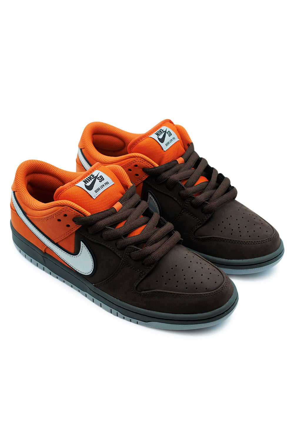 Nike SB Dunk Low Pro Safety Orange Wolf Grey pair angled perspective highlighting brown nubuck overlays, metallic iridescent Swoosh and padded SB Dunk construction for skate performance