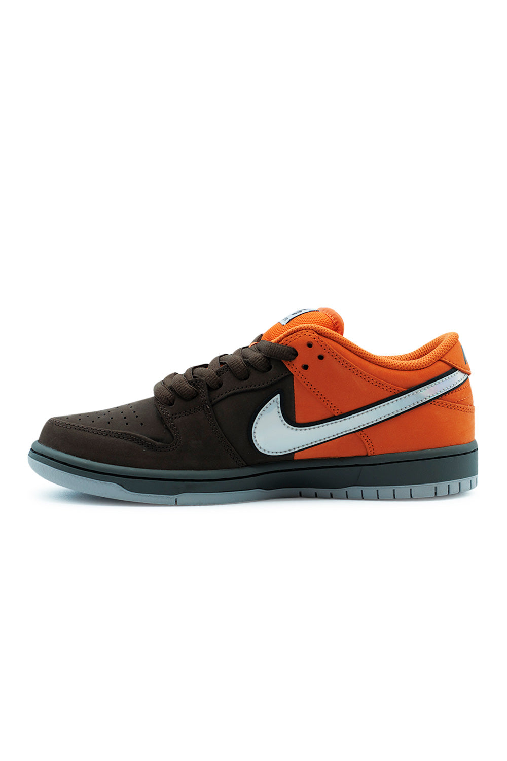 Nike SB Dunk Low Pro Safety Orange Wolf Grey skate shoe side angle with bold orange upper panels, dark brown forefoot nubuck and classic SB Dunk cupsole with Zoom Air cushioning
