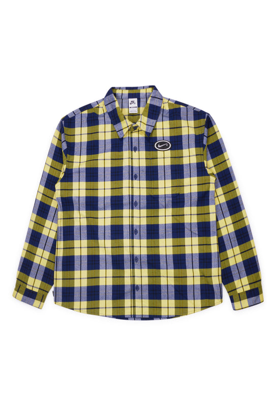 Nike SB Koston Flannel Longsleeve Shirt Midnight Navy Speed Yellow, relaxed-fit skate flannel with embroidered chest logo and reflective back Swoosh.