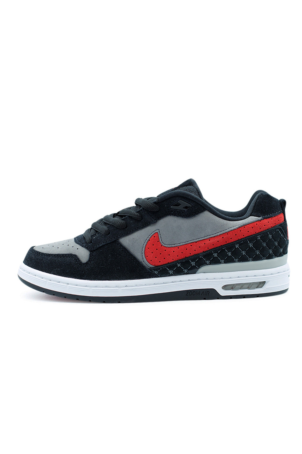 Nike SB Paul Rodriguez Zoom Air Low Black Varsity Red Flint Grey – limited edition skate shoe with suede nubuck upper and cupsole fit.