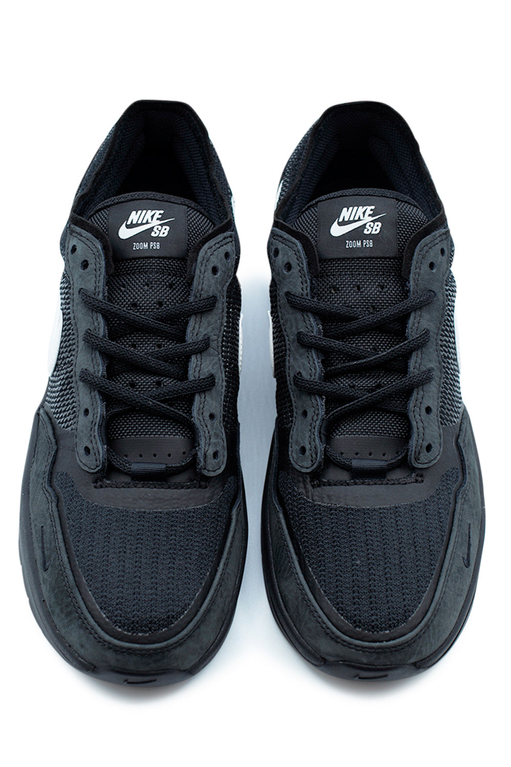 Top view of Nike SB PS8 Black White skate shoes featuring breathable Flyknit construction, reinforced lace area and responsive Nike SB Air Zoom technology