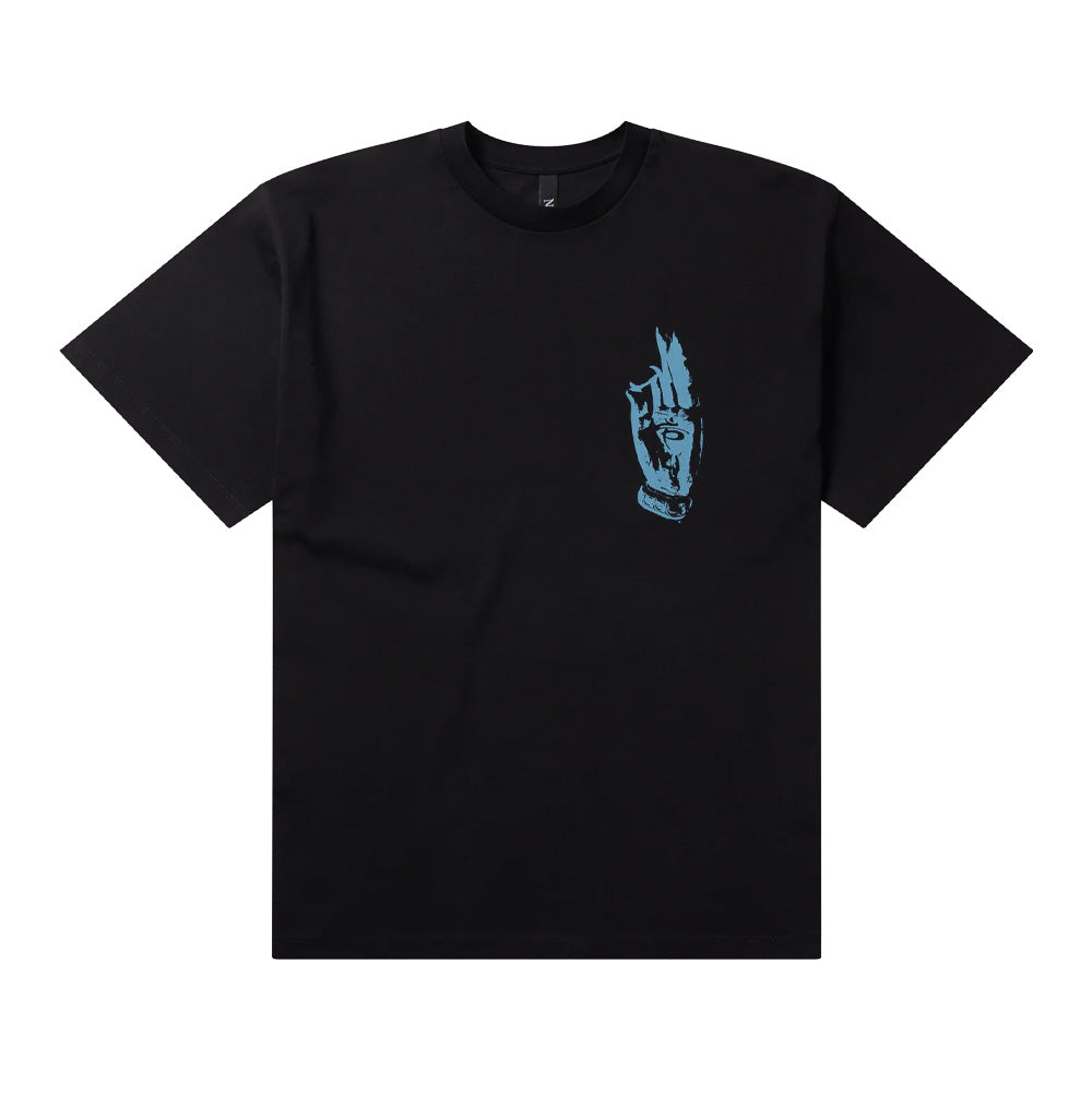 Front flat lay studio view of the black Aries No Problemo Holy Mountain T-Shirt, displaying the ribbed crewneck collar, short sleeves, straight hem, and a small mystic blessing hand graphic screen-printed in cerulean blue on the left chest.