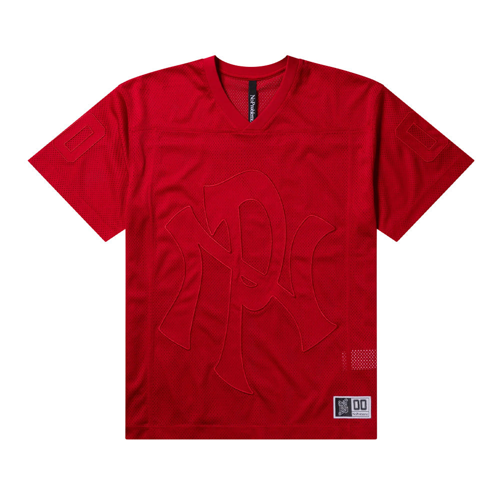 Front flat lay studio view of the Aries No Problemo NYP Sports Mesh Jersey in bright athletic red, showcasing an oversized American football silhouette tailored from breathable open-hole mesh, a ribbed V-neck collar with black inner brand tape, an oversized tonal red stitched NYP monogram appliqué centered on the chest, tonal "00" sleeve numbers, and a woven athletic jock tag stitched at the front left hem.