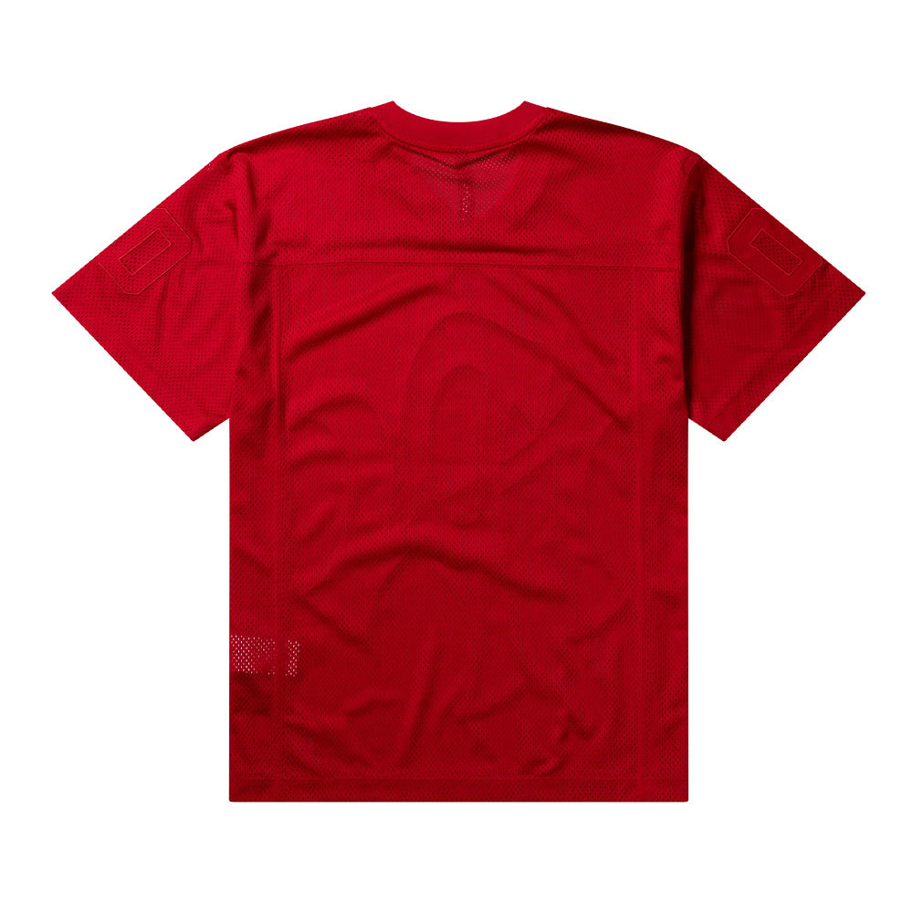 Back flat lay studio perspective of the red Aries No Problemo NYP Sports Mesh Jersey, highlighting the wide football shoulder yoke panel, clean unprinted mesh back drape, elbow-length drop-shoulder sleeves featuring tonal "00" appliqué numbers, and a straight finished hemline.