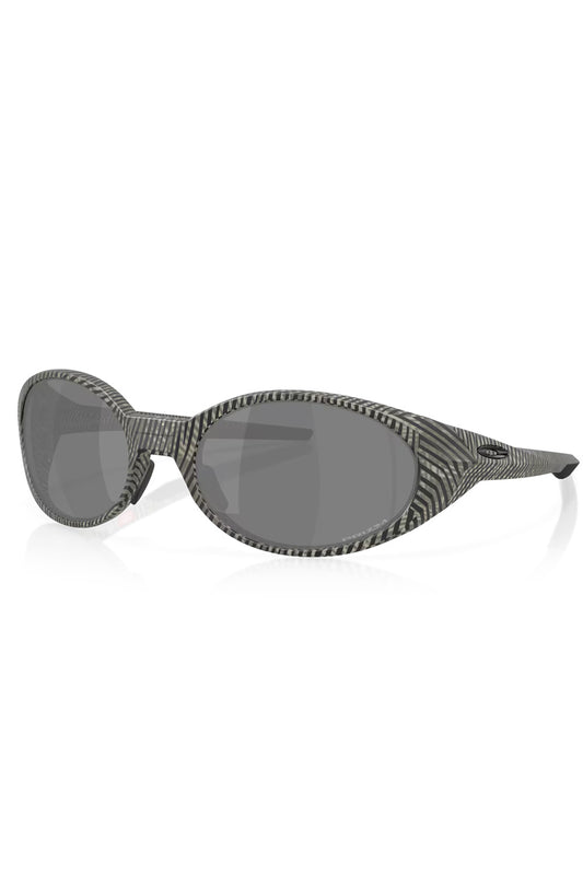 Three-quarter front view of the Oakley Eye Jacket Redux sunglasses featuring a grey fingerprint pattern frame and dark Prizm Black oval lenses.