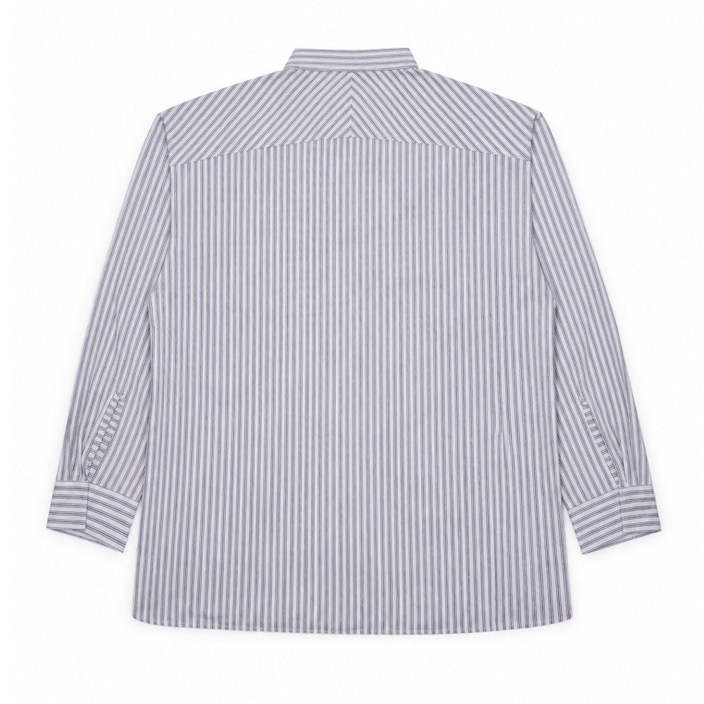 Back studio flat lay perspective of the Oakley FGL Fuel LS Shirt 6.7 in White, displaying the angled chevron-patterned back shoulder yoke, clean vertical micro-stripe drape through the body, and tailored long sleeves with pleated barrel cuffs.