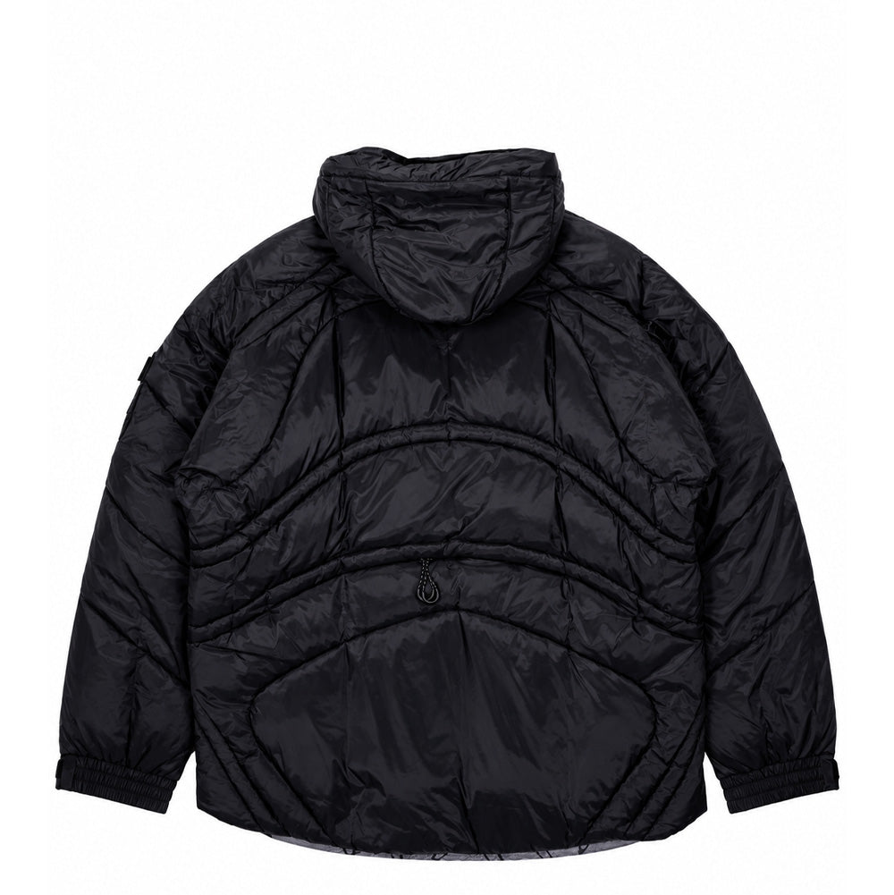 Back flat lay studio perspective of the black Oakley FGL Stealth Ins Jacket 2.0, displaying the insulated panelled hood, curved concentric baffle quilting across the upper and lower back, articulated sleeves with adjustable velcro cuffs, and a horizontal zippered rear game pocket equipped with an ergonomic cord pull tab.