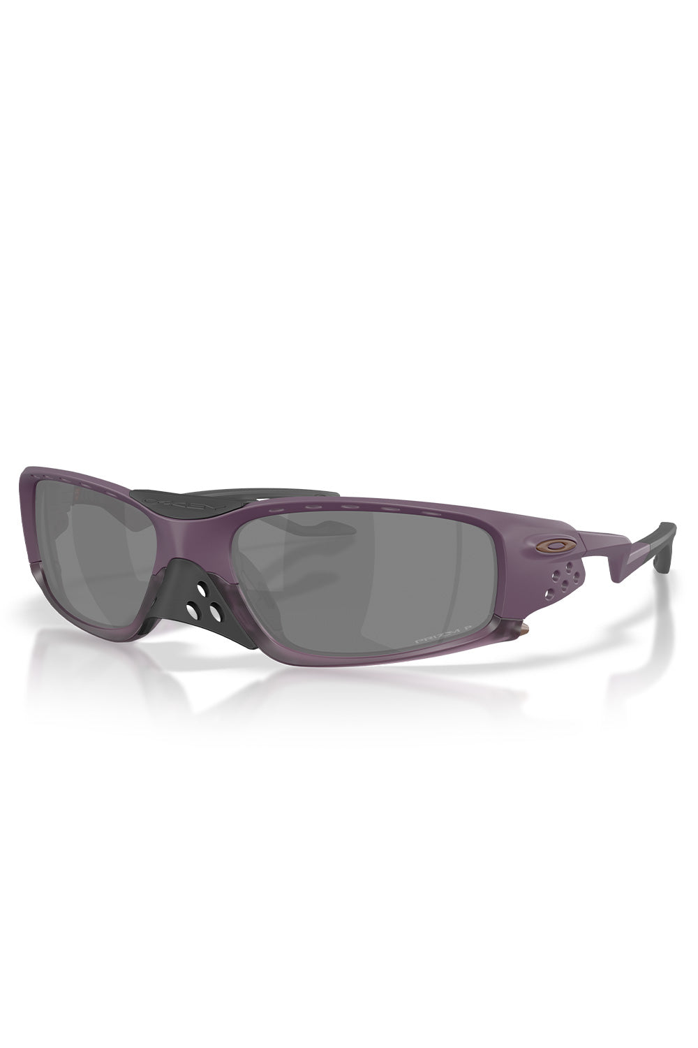 Front three-quarter perspective of the Oakley Plantaris SQ sunglasses in Matte Aubergine, showcasing the deep purple sculptural biomechanical frame, squared Prizm Black Polarized lenses, side shield ventilation ports, bronze ellipse logo, and removable perforated black nose guard.