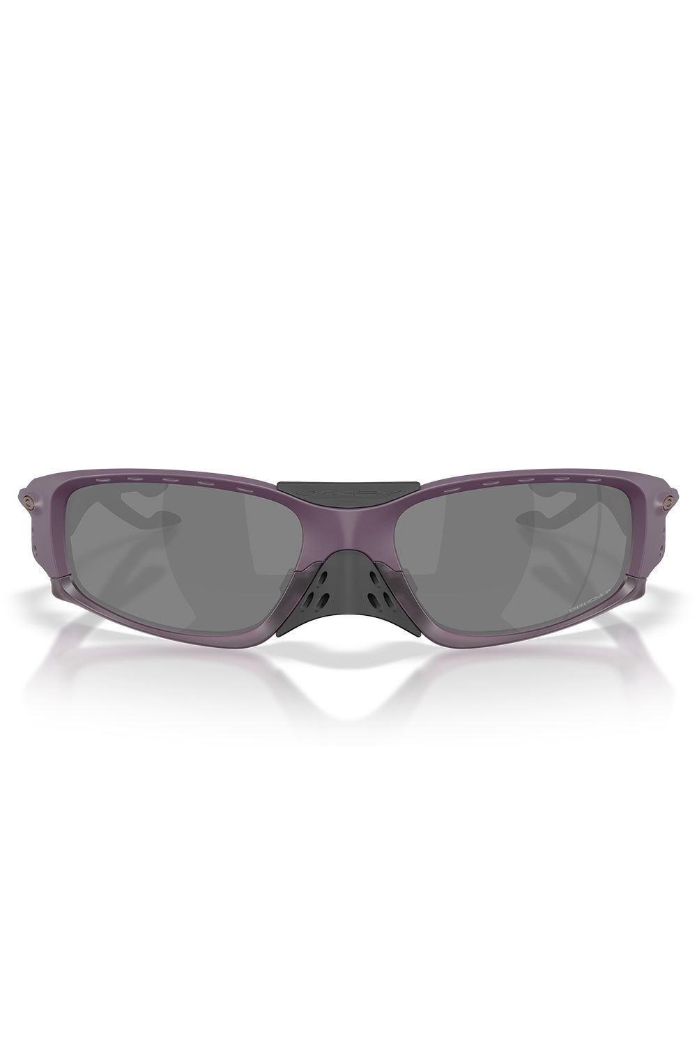 Direct front view of the Oakley Plantaris SQ sunglasses in Matte Aubergine purple, highlighting the angular squared lens geometry, top brow cooling vents, and the modular black perforated nose shield attachment.