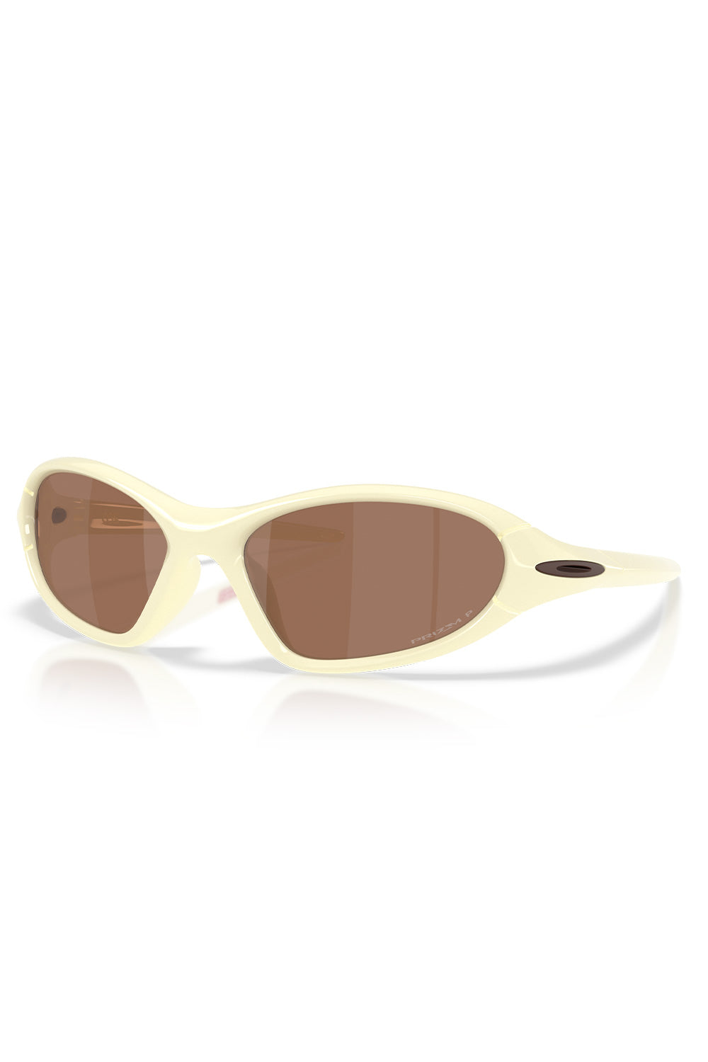 Front three-quarter perspective studio shot of the Oakley Portal Jacket sunglasses, showcasing the smooth glossy cream-colored wrap frame, bronze-tinted Prizm Tungsten Polarized lenses with subtle laser etching, and dark metallic Oakley ellipse temple icons.