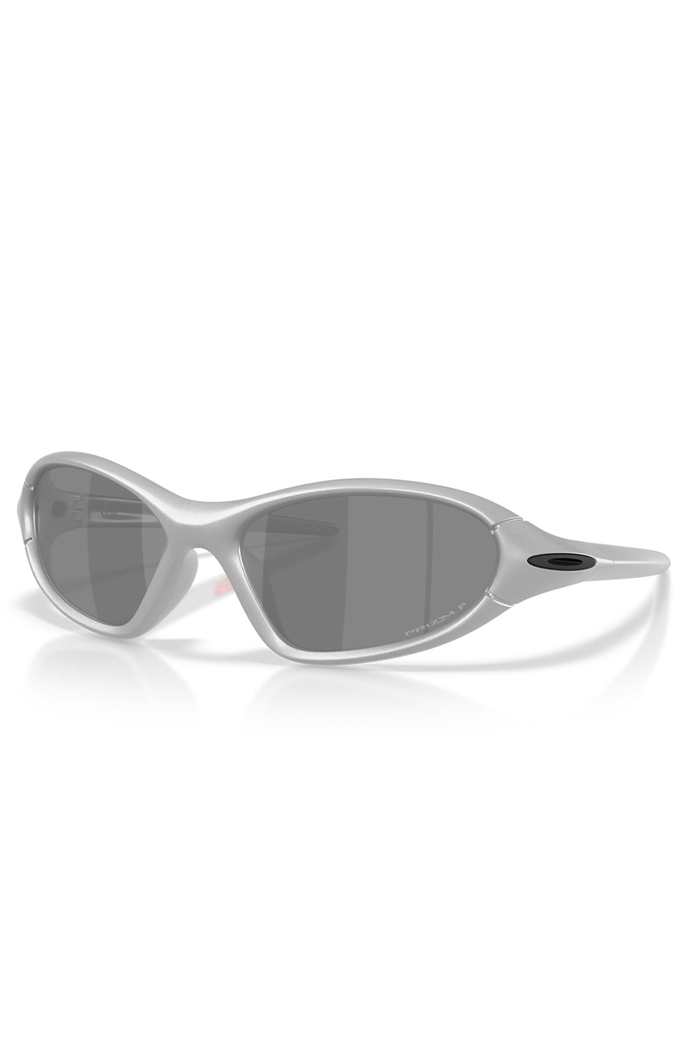 Front three-quarter perspective studio shot of the Oakley Portal Jacket sunglasses, showcasing the matte metallic X Silver wrap-around frame, dark grey Prizm Black Polarized lenses with subtle laser etching, and black Oakley ellipse logo accents at the temples.