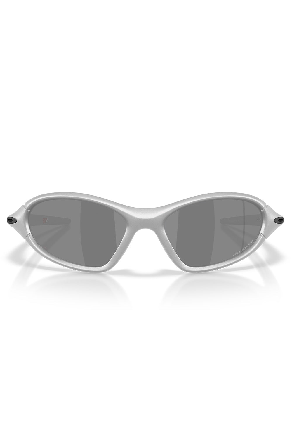 Direct front view of the Oakley Portal Jacket sunglasses in X Silver, highlighting the aerodynamic 90s-inspired curved frame geometry, contoured bridge, and wide protective Prizm Black Polarized optics.