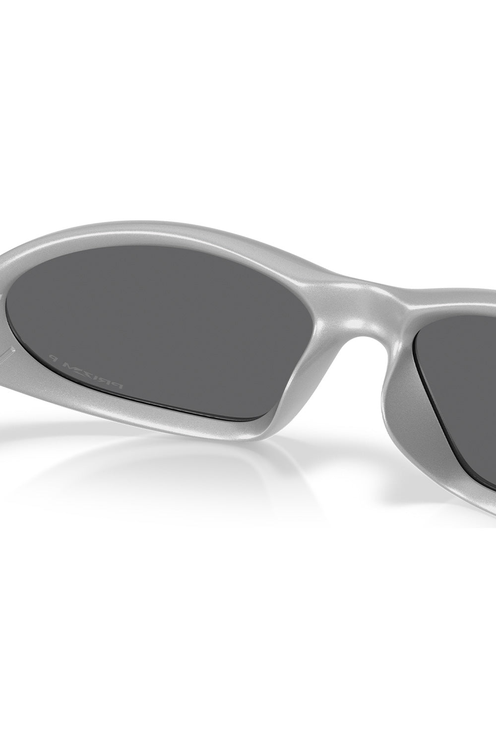 Interior rear view detail of the Oakley Portal Jacket X Silver frame, highlighting the integrated ergonomic nose pads and high-contrast dark neutral view through the Prizm Black Polarized lenses.