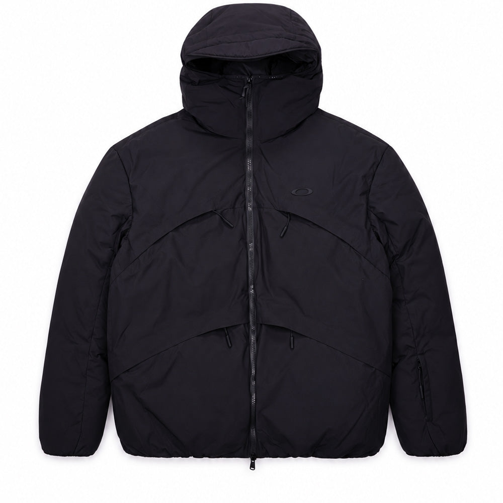 Front flat lay view of the Oakley Retrofuel Gore-Tex Down Jacket in Pitch Black, showcasing a relaxed technical winter silhouette featuring an insulated storm hood with high neck coverage, central two-way Vislon AquaGuard zipper closure, curved chest and hand pocket storm flaps with extended zipper pull cords, and a tonal matte Oakley Ellipse logo on the left chest.