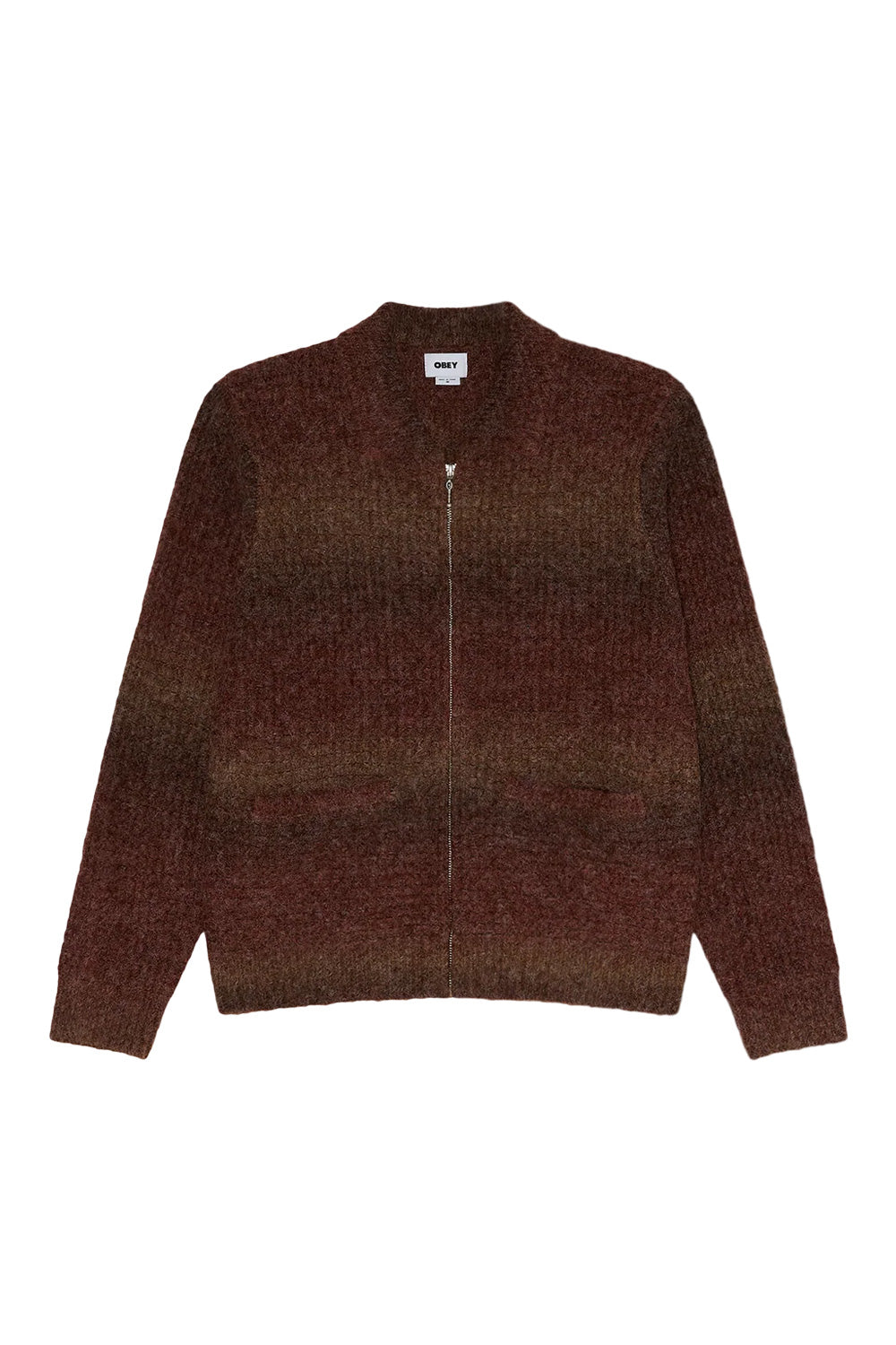 Front flat lay view of the Obey Anton Gradient Cardigan in brown, designed with a wide boxy fit in a soft fuzzy brushed wool blend, featuring a full-length metal front zipper, low stand-up collar, two discreet front welt hand pockets, ribbed hem and cuffs, and a horizontal ombré color transition from deep burgundy-brown to warm tan.