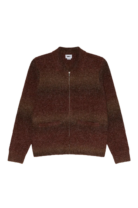 Front flat lay view of the Obey Anton Gradient Cardigan in brown, designed with a wide boxy fit in a soft fuzzy brushed wool blend, featuring a full-length metal front zipper, low stand-up collar, two discreet front welt hand pockets, ribbed hem and cuffs, and a horizontal ombré color transition from deep burgundy-brown to warm tan.