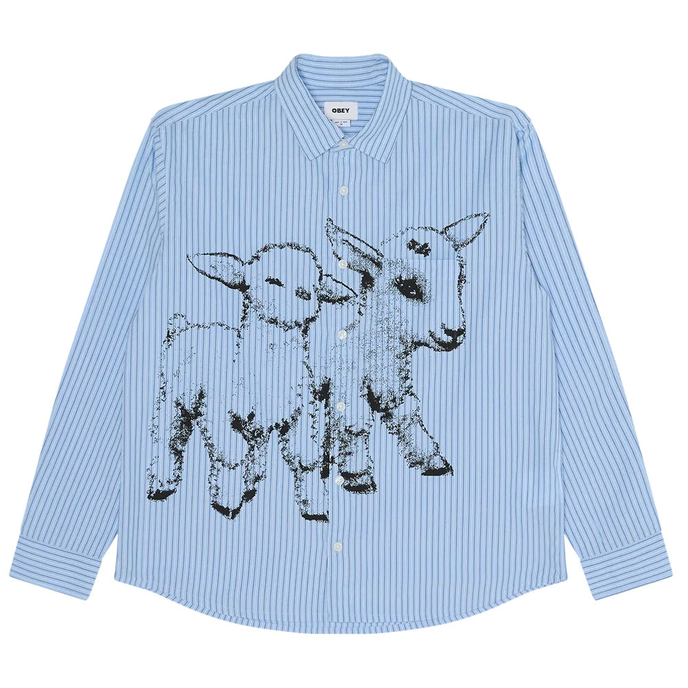 Front flat lay view of the Obey Billy Woven Shirt in light blue, showcasing a relaxed long-sleeve streetwear button-down silhouette in vertical pinstriped poplin cotton, featuring a classic spread collar, white buttons along the center placket, curved hemline, and a large distressed black screen-printed graphic of two young lambs across the torso and single chest patch pocket.