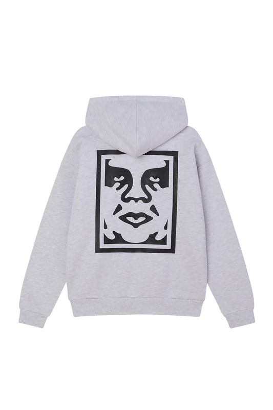 Back view of the heathered ash grey Obey Bold Icon Extra Heavy Hood sweatshirt, constructed from heavy 16oz brushed cotton-poly fleece, featuring an oversized black screen-printed Shepard Fairey André the Giant Icon logo across the back.