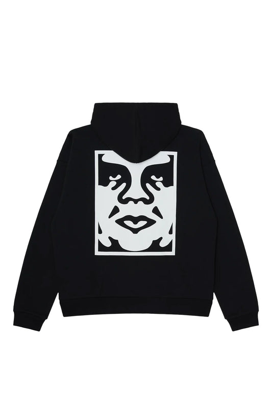 Back view of the black Obey Bold Icon Extra Heavy Hood sweatshirt, crafted from heavy 16oz cotton-poly brushed fleece, showcasing a large white screen-printed Shepard Fairey André the Giant Icon logo graphic across the back panel.