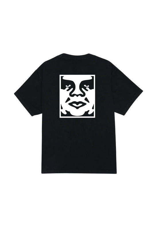 Back view of the washed pigment dusty black Obey Bold Icon Face T-Shirt, crafted from heavy 8oz 100% cotton jersey, showcasing a large white screen-printed Shepard Fairey André the Giant Icon face graphic framed in a white rectangle.