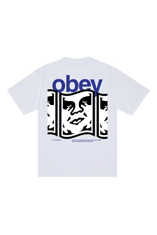 Back view of the white Obey Disruption T-Shirt, crafted from heavy 8oz 100% cotton jersey with a loose boxy fit, showcasing a large royal blue Obey text logo over a repeating wavy triple Shepard Fairey Giant Icon graphic and blue Visual Communication & Disruption copyright text.