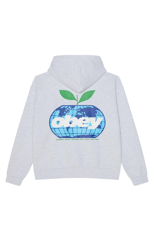 Back view of the heathered ash grey Obey Intercontinental Extra Heavy Hood sweatshirt, made from heavyweight 16oz cotton-poly brushed fleece, showcasing a large printed blue globe apple graphic with green leaves, bold white Obey logo lettering, and green international city names across the back.